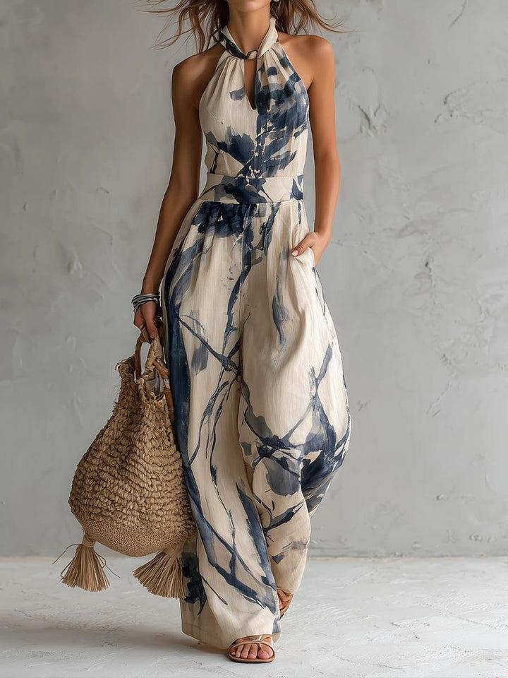 Thalia Abstract Print Halter Wide Leg Jumpsuit