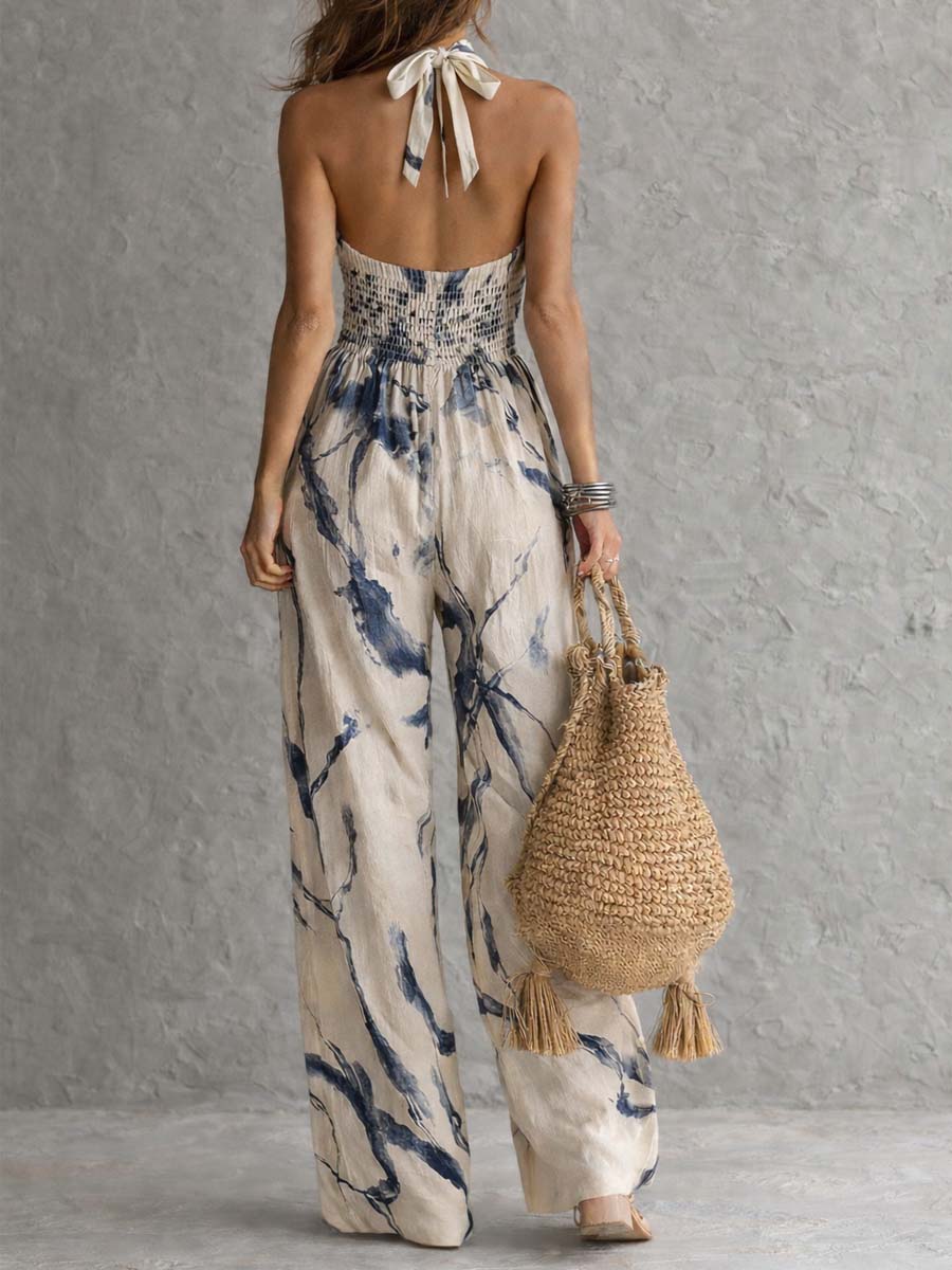 Thalia Abstract Print Halter Wide Leg Jumpsuit
