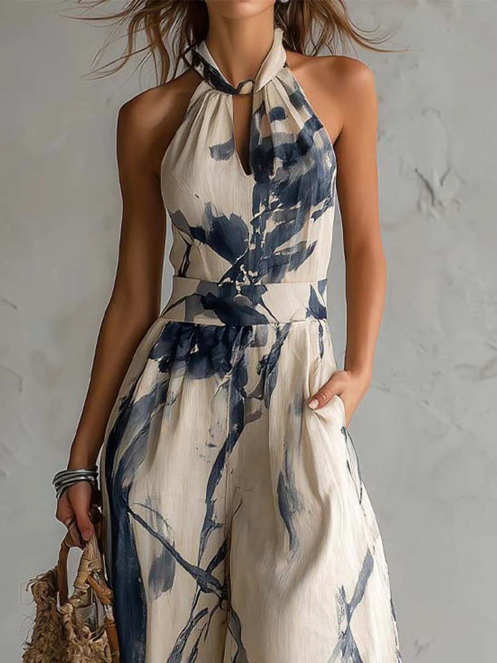 Thalia Abstract Print Halter Wide Leg Jumpsuit
