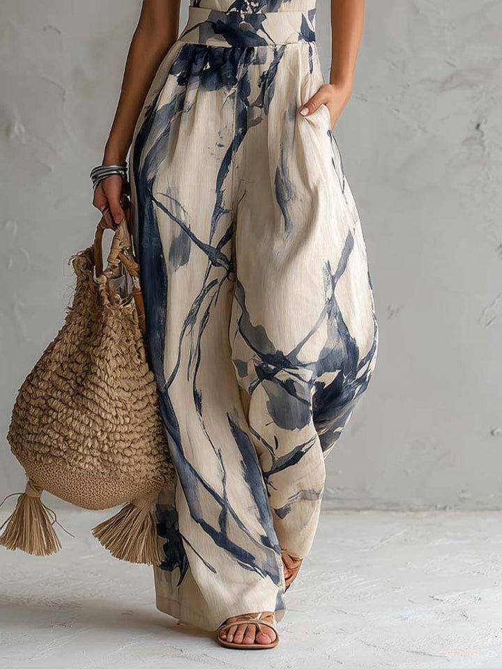 Thalia Abstract Print Halter Wide Leg Jumpsuit