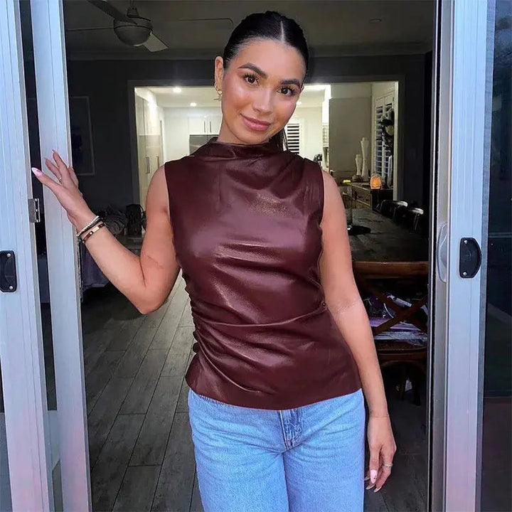 Nevaeh Faux Leather High Neck Top