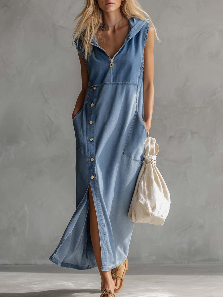 Kendra Sleeveless Hooded Denim Maxi Dress