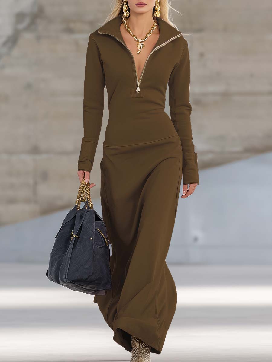 Rhea Half Zip Long Sleeve Maxi Dress
