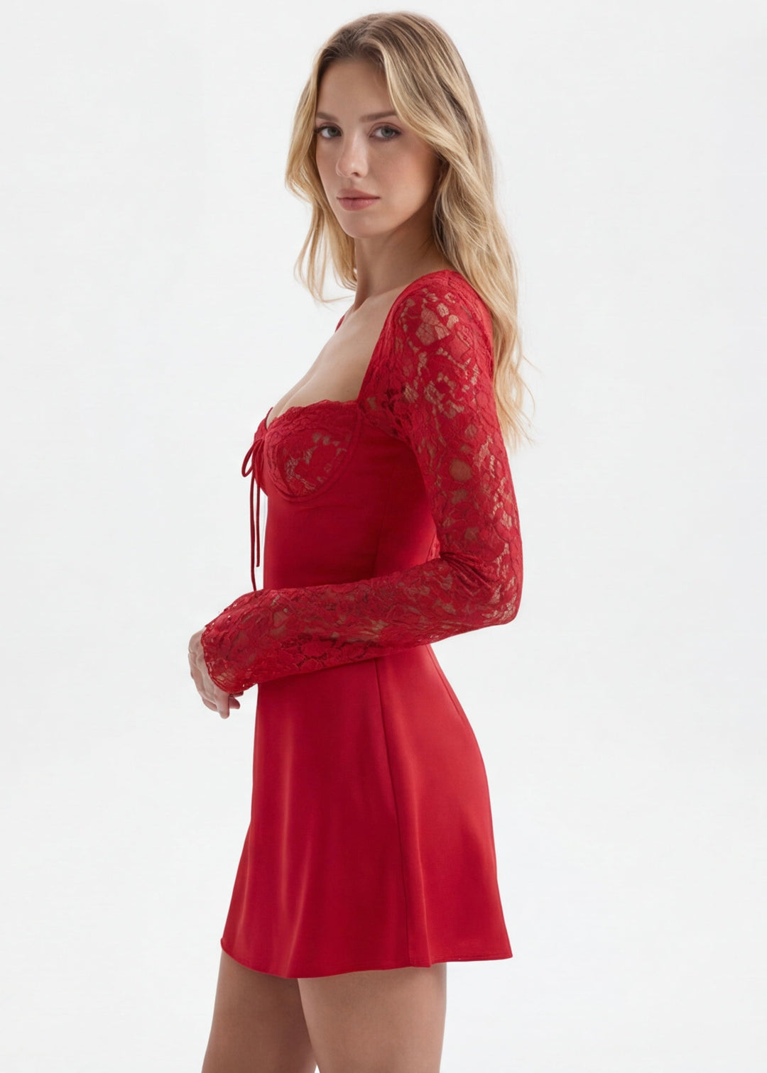 Poppy Lace Sleeve Tie Front Mini Dress