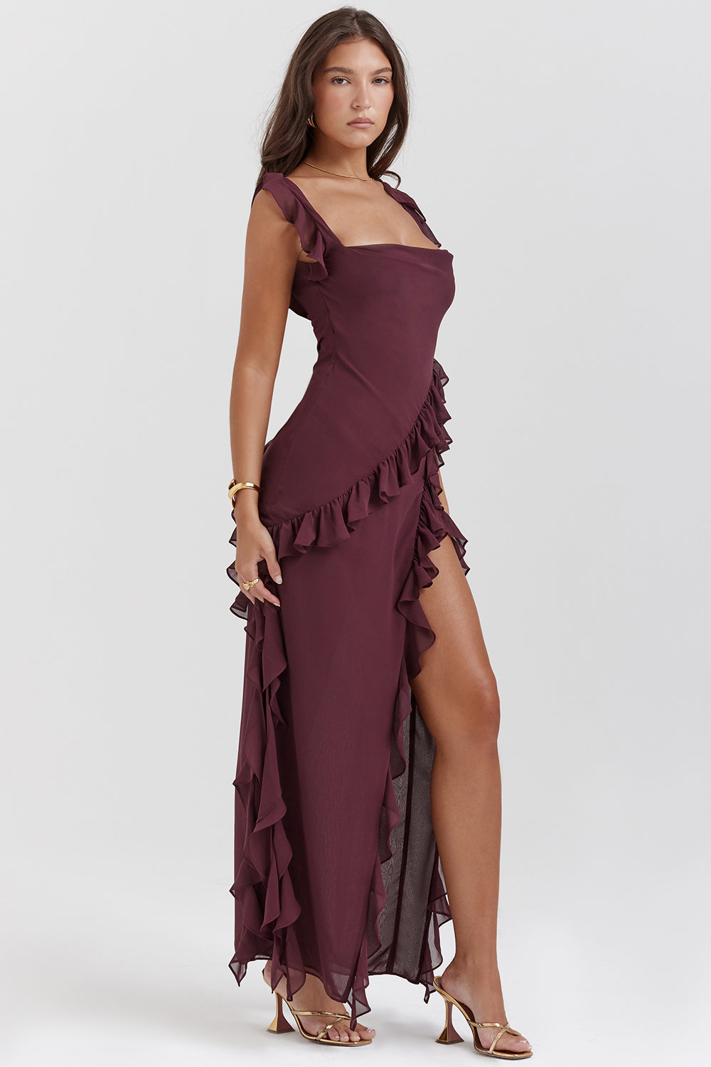 Britney Ruffle Detail Split Maxi Dress