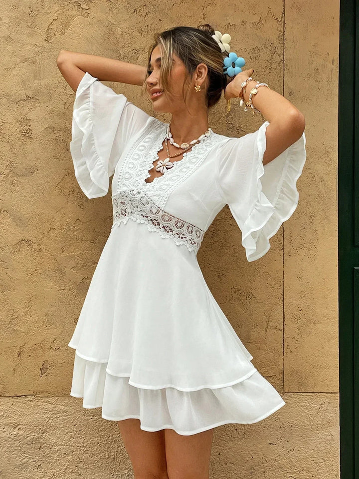 Evangeline Lace Trim Ruffle Mini Dress