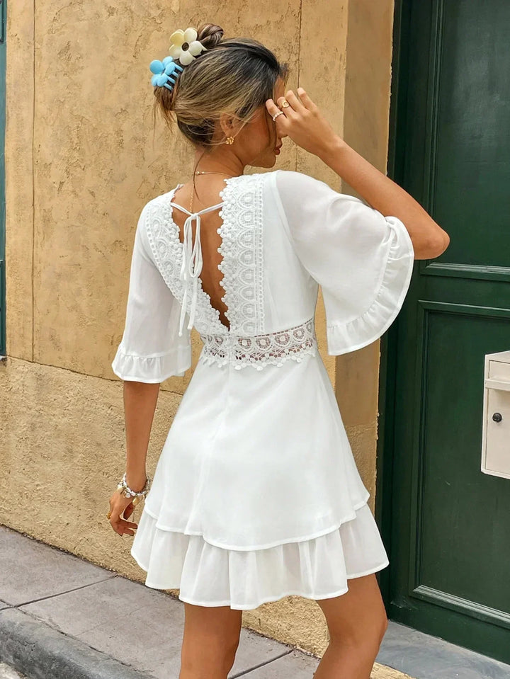 Evangeline Lace Trim Ruffle Mini Dress