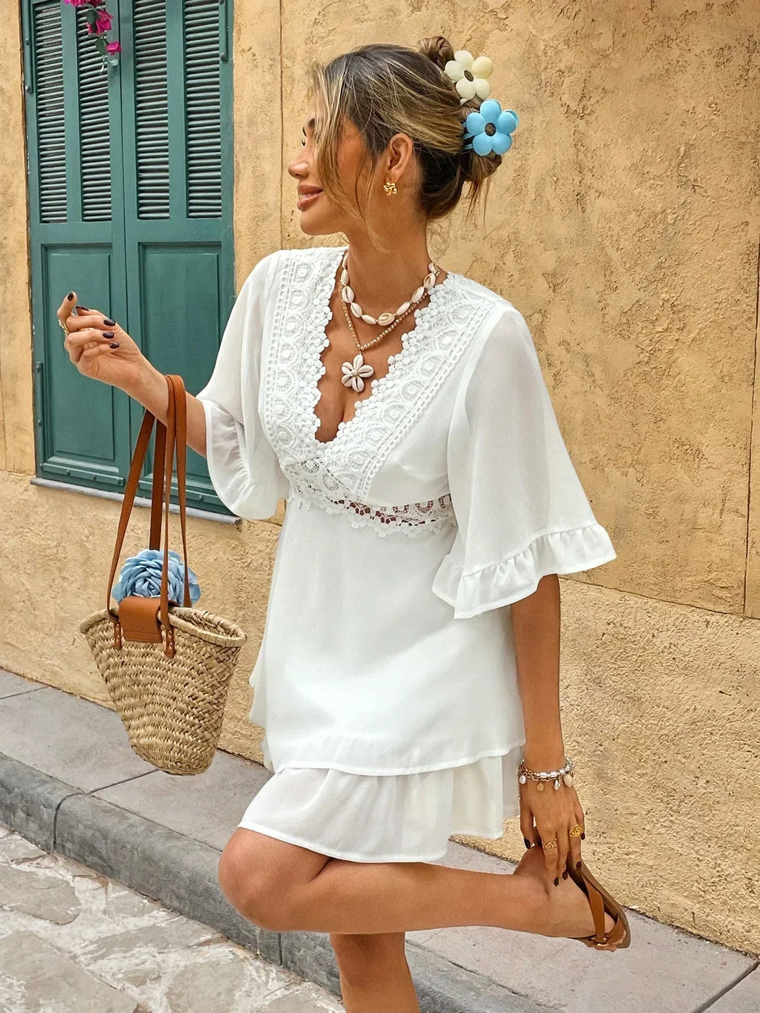 Evangeline Lace Trim Ruffle Mini Dress