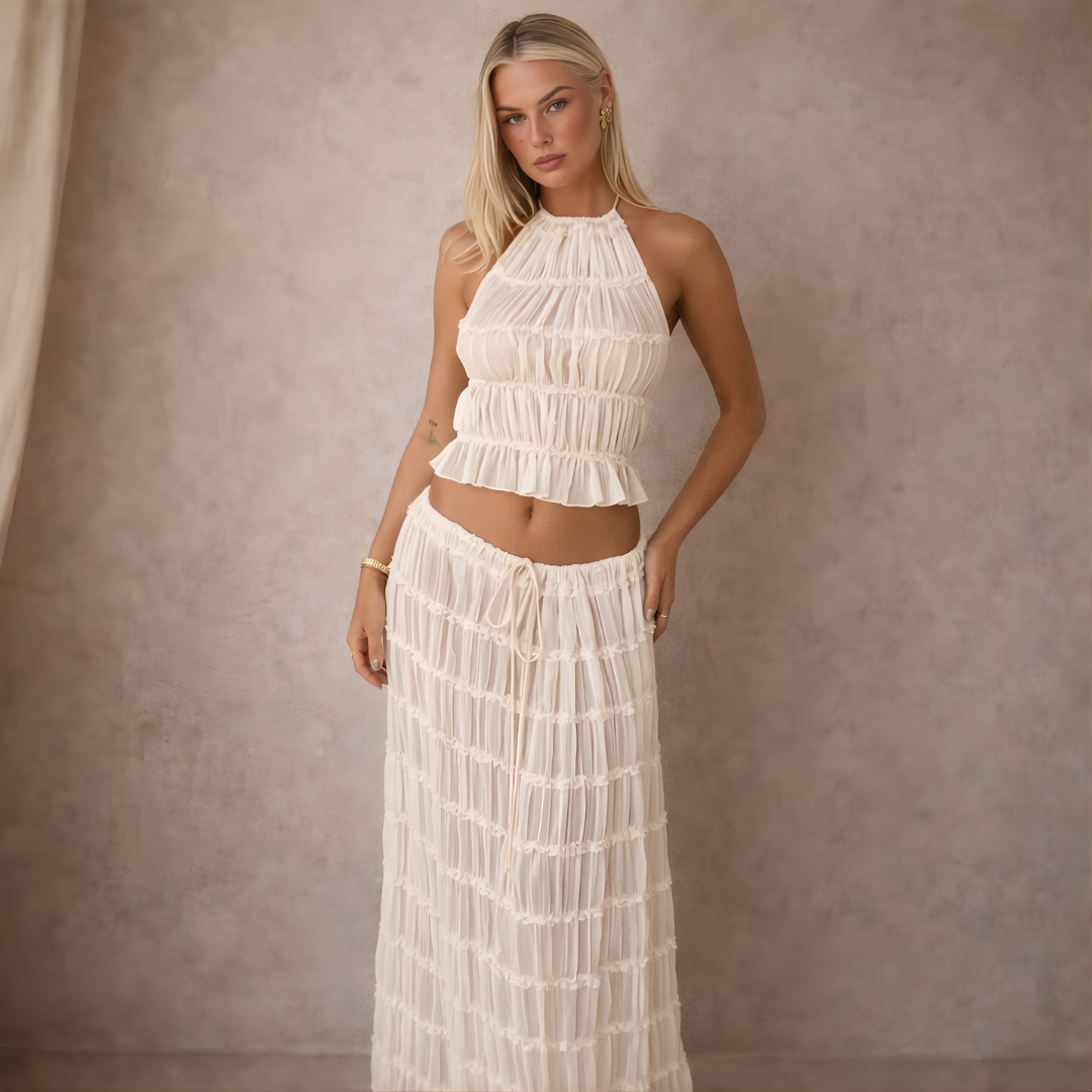 Bella Ruched Halter Top and Maxi Skirt Set