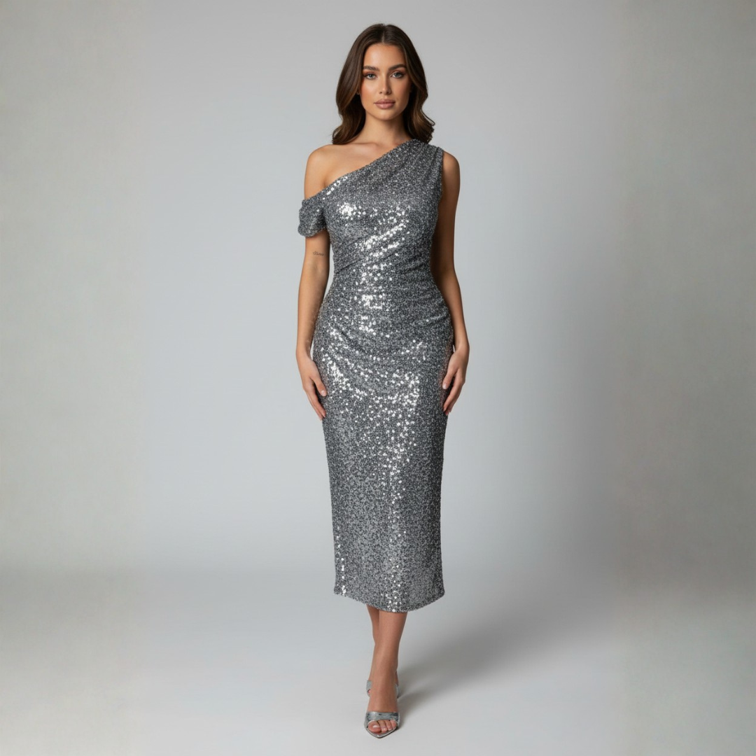 Nancy One Shoulder Sequin Midi Dress