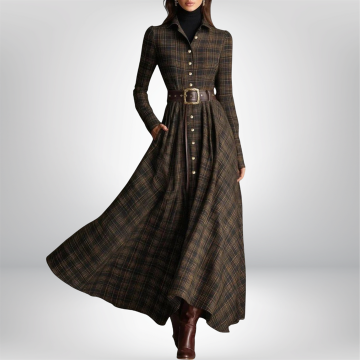 Floriane Belted Plaid Shirt Maxi Dress