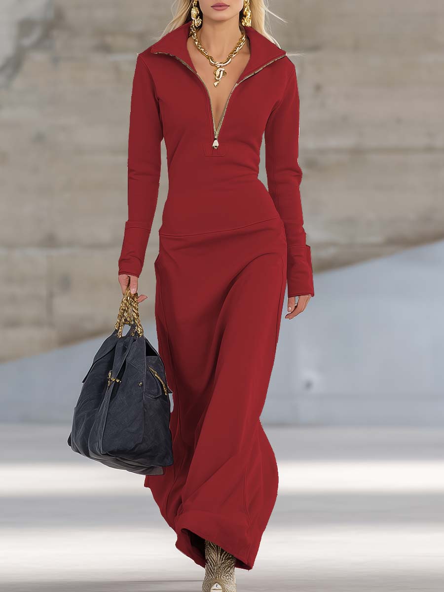 Rhea Half Zip Long Sleeve Maxi Dress