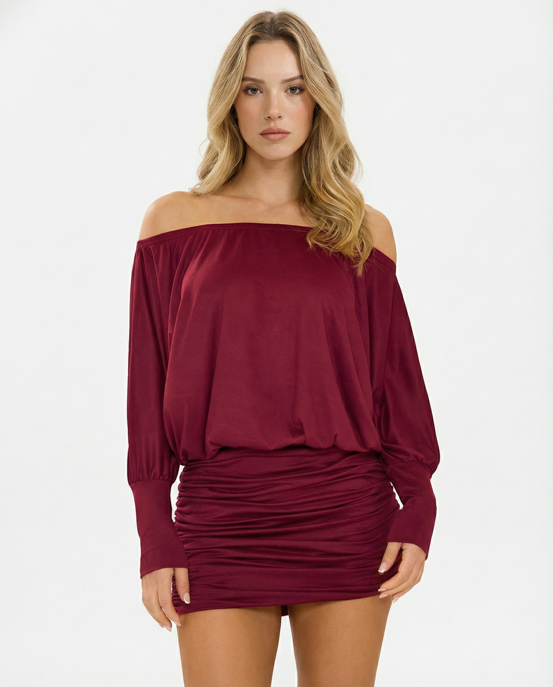 Alba Off Shoulder Ruched Mini Dress