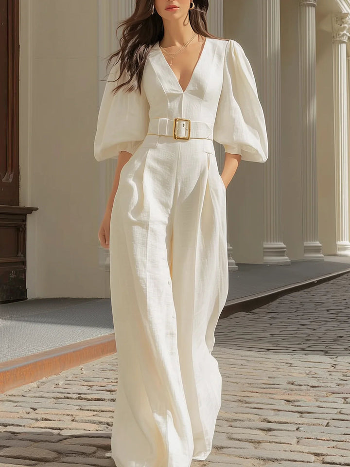 Leticia V-Neck Belted Wide Leg Jumpsuit