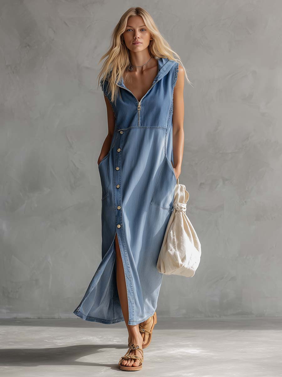 Kendra Sleeveless Hooded Denim Maxi Dress