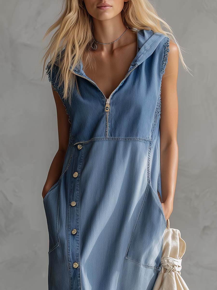 Kendra Sleeveless Hooded Denim Maxi Dress