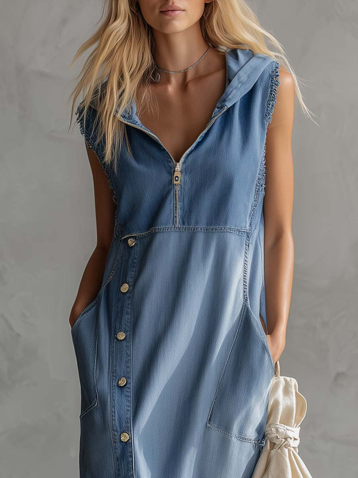 Kendra Sleeveless Hooded Denim Maxi Dress