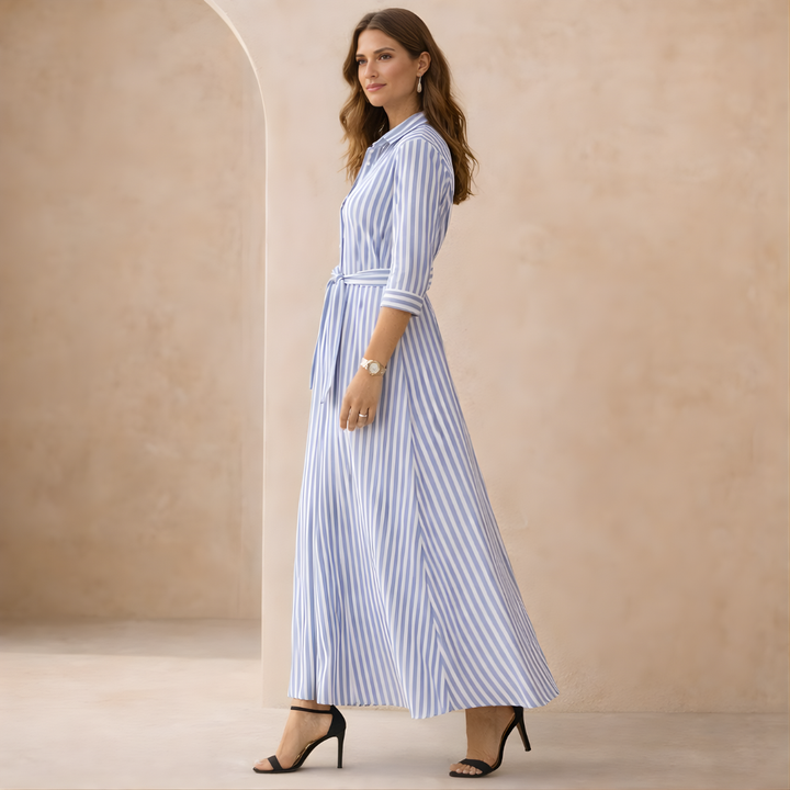 Megan Striped Belted Shirt Maxi Dress