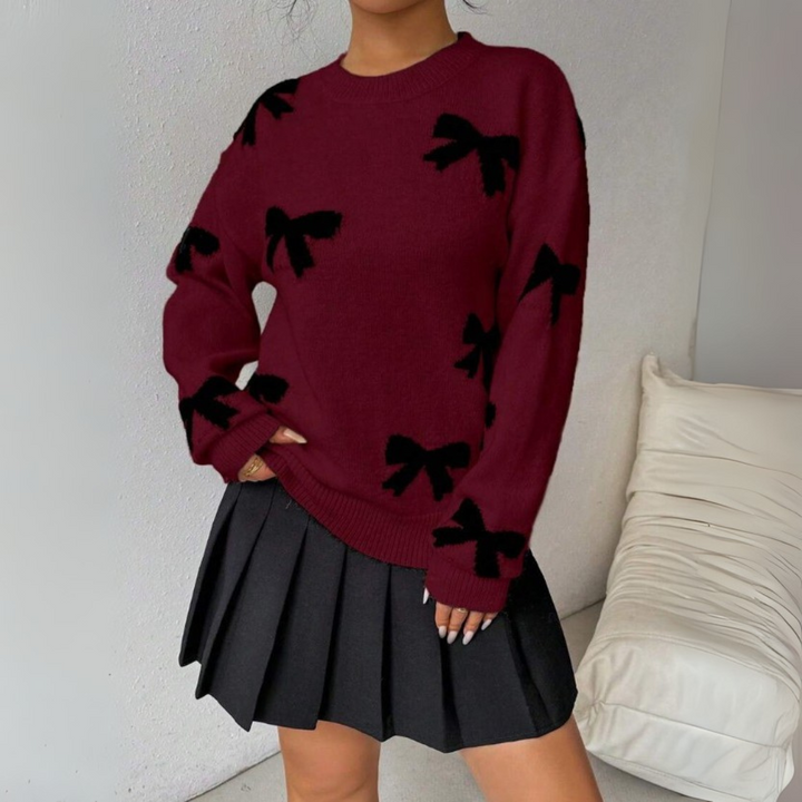 Ivy Bow Motif Crew Neck Sweater