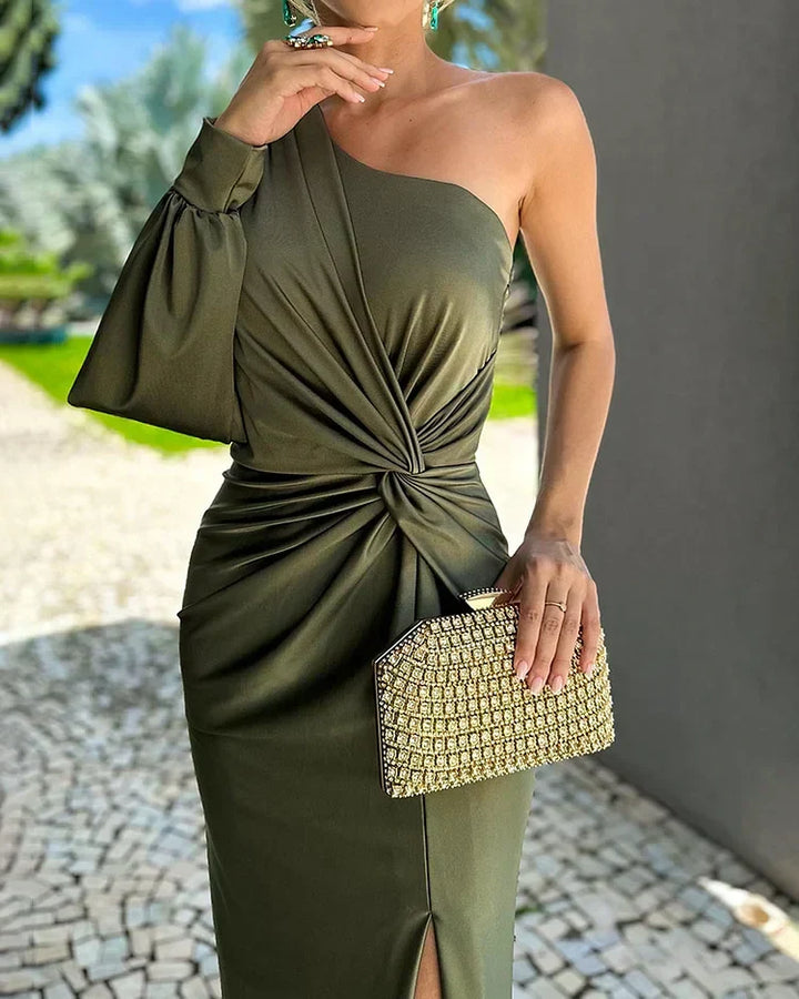 Ivory One-Shoulder Ruched Maxi Dress