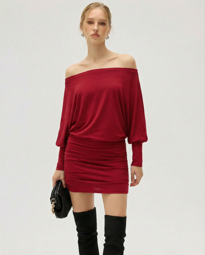 Alba Off Shoulder Ruched Mini Dress