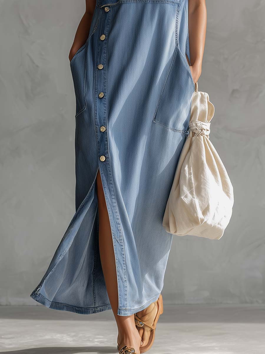 Kendra Sleeveless Hooded Denim Maxi Dress