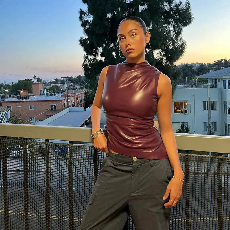 Nevaeh Faux Leather High Neck Top