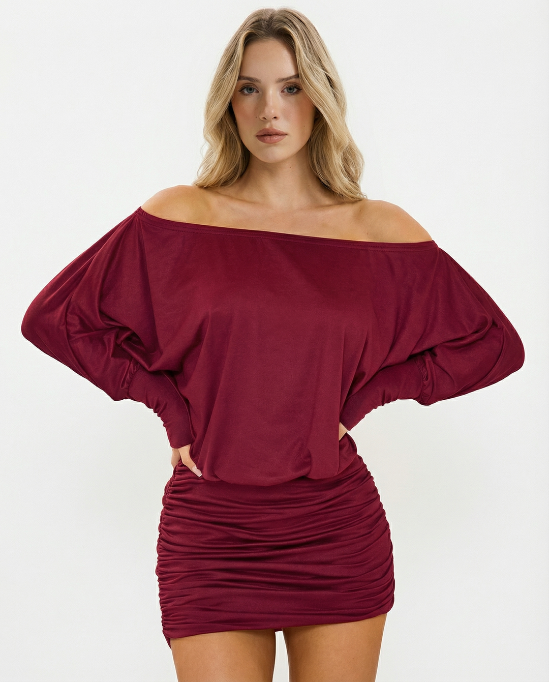 Alba Off Shoulder Ruched Mini Dress