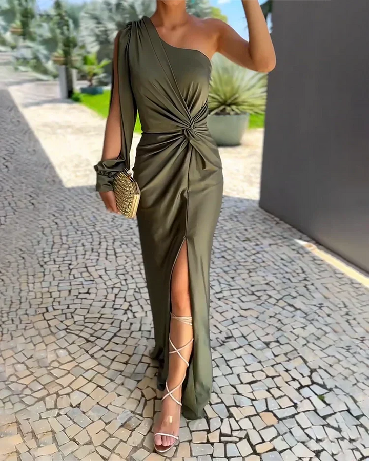Ivory One-Shoulder Ruched Maxi Dress