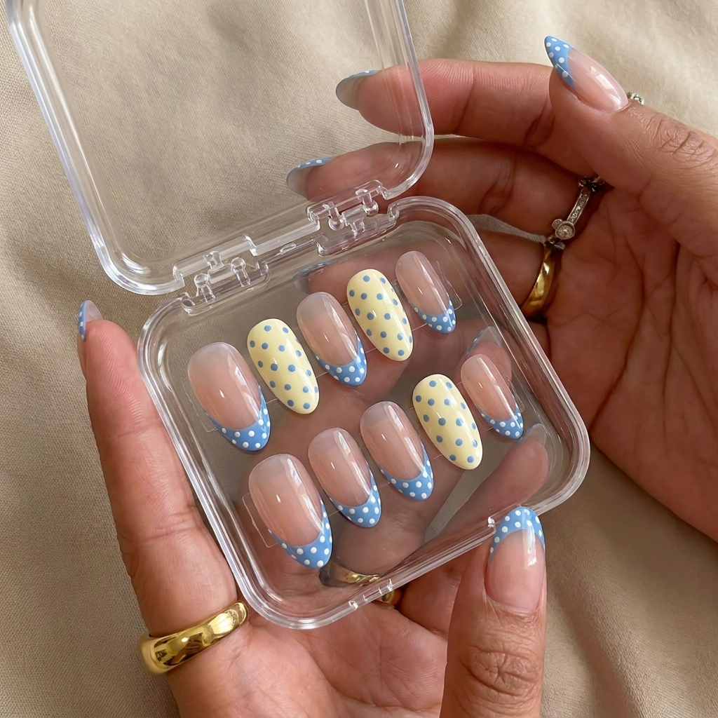 Blue Polka Dot French Press-On Nails