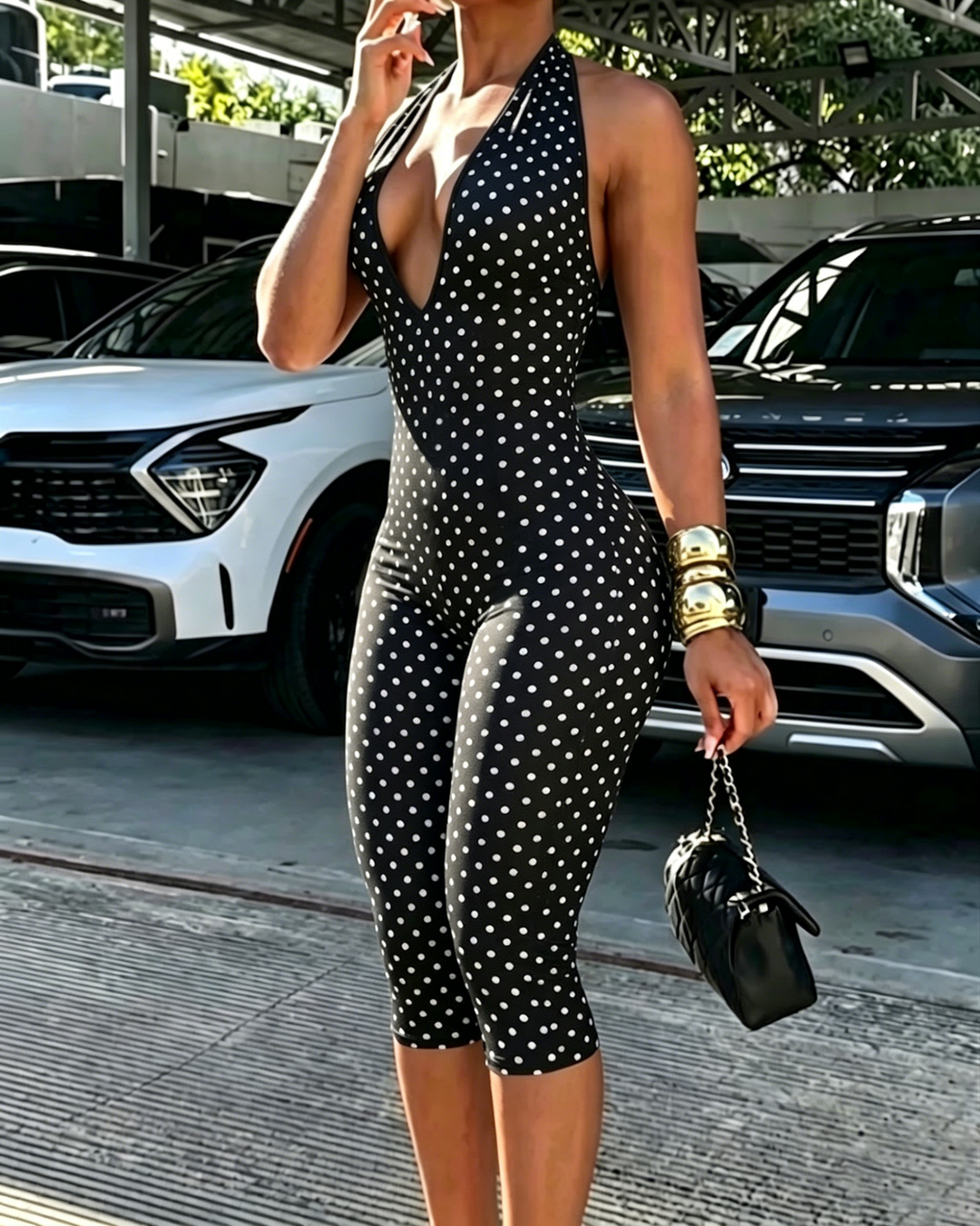 Glenda Polka Dot Halter Capri Jumpsuit