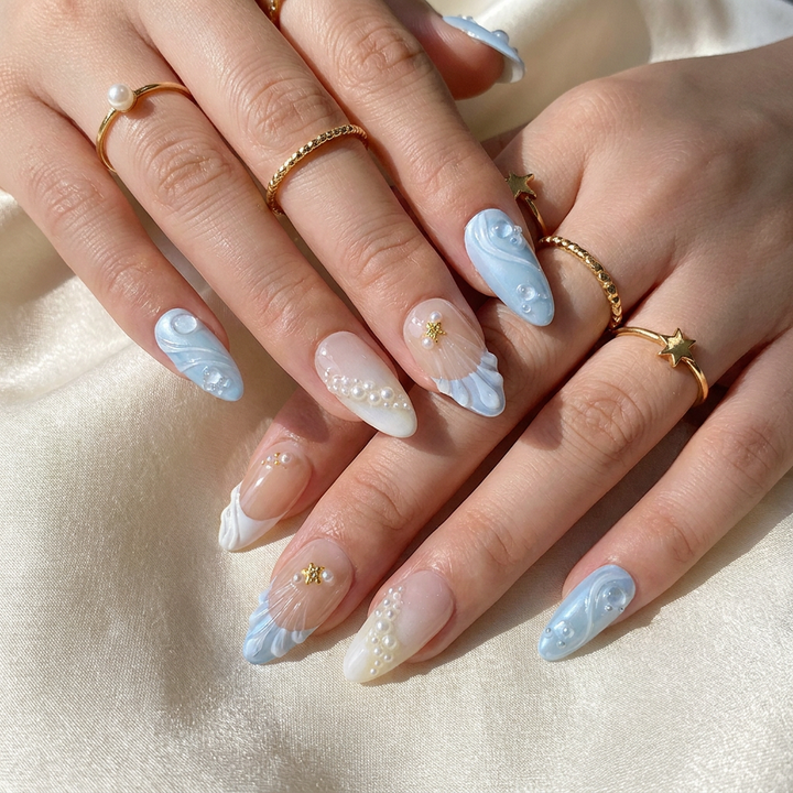 Blue Pearl Seashell Press-On Nails