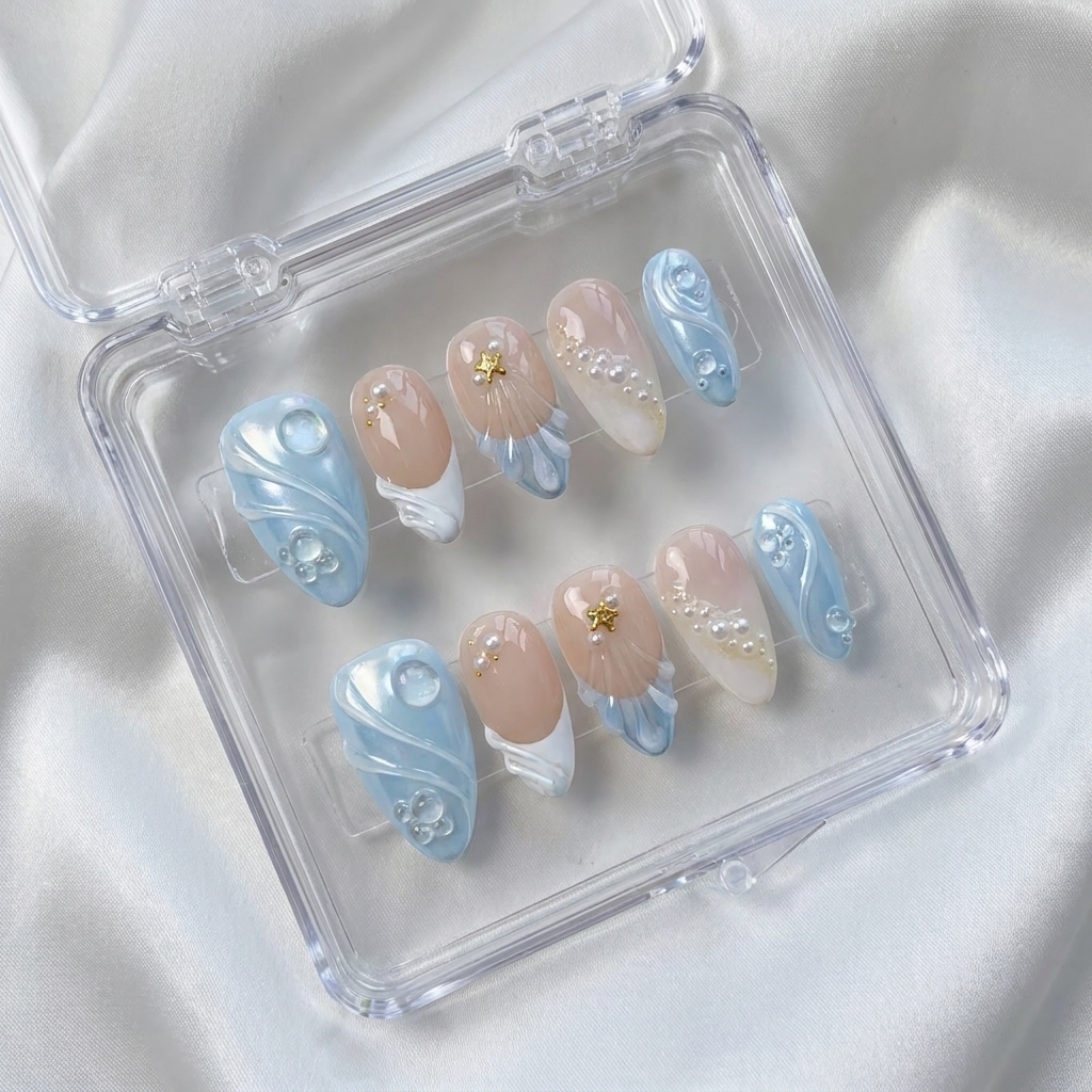 Blue Pearl Seashell Press-On Nails
