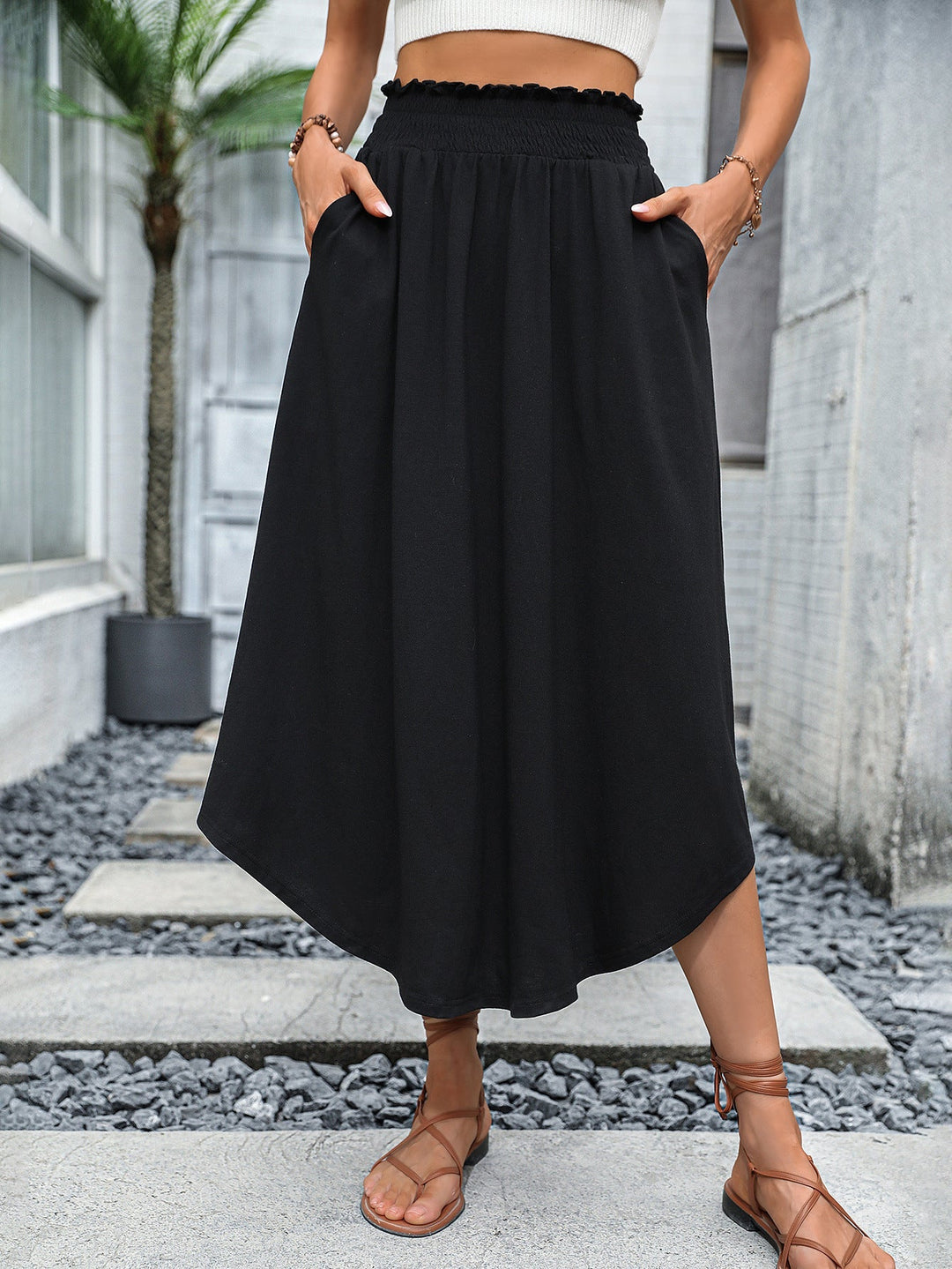 Abdine Smocked Waist A-Line Midi Skirt