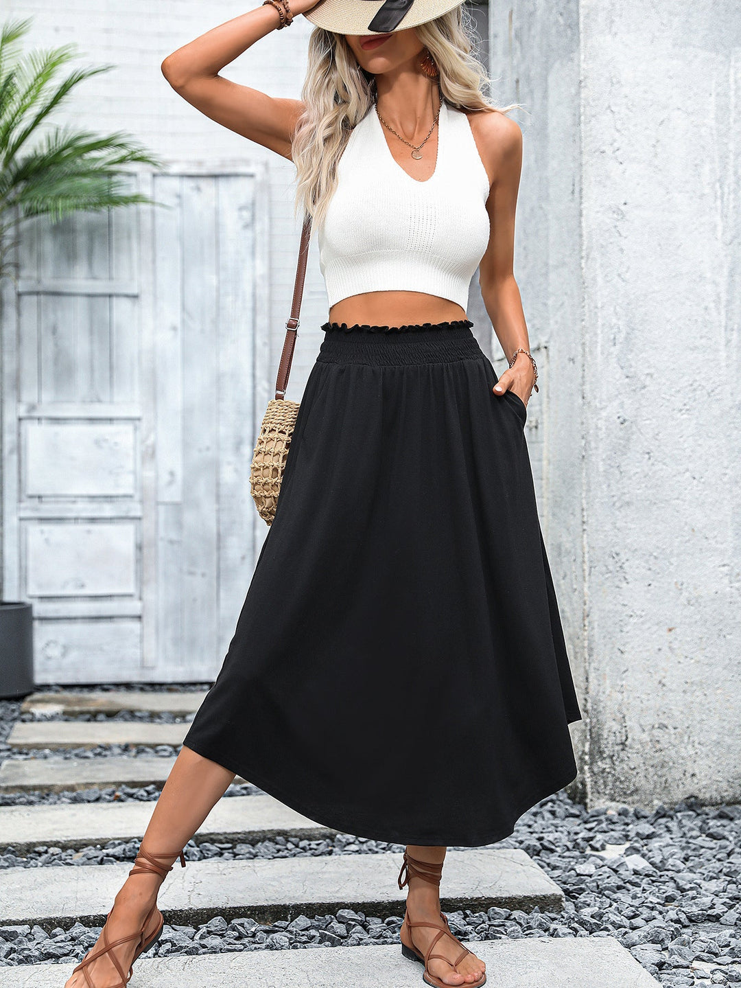 Abdine Smocked Waist A-Line Midi Skirt