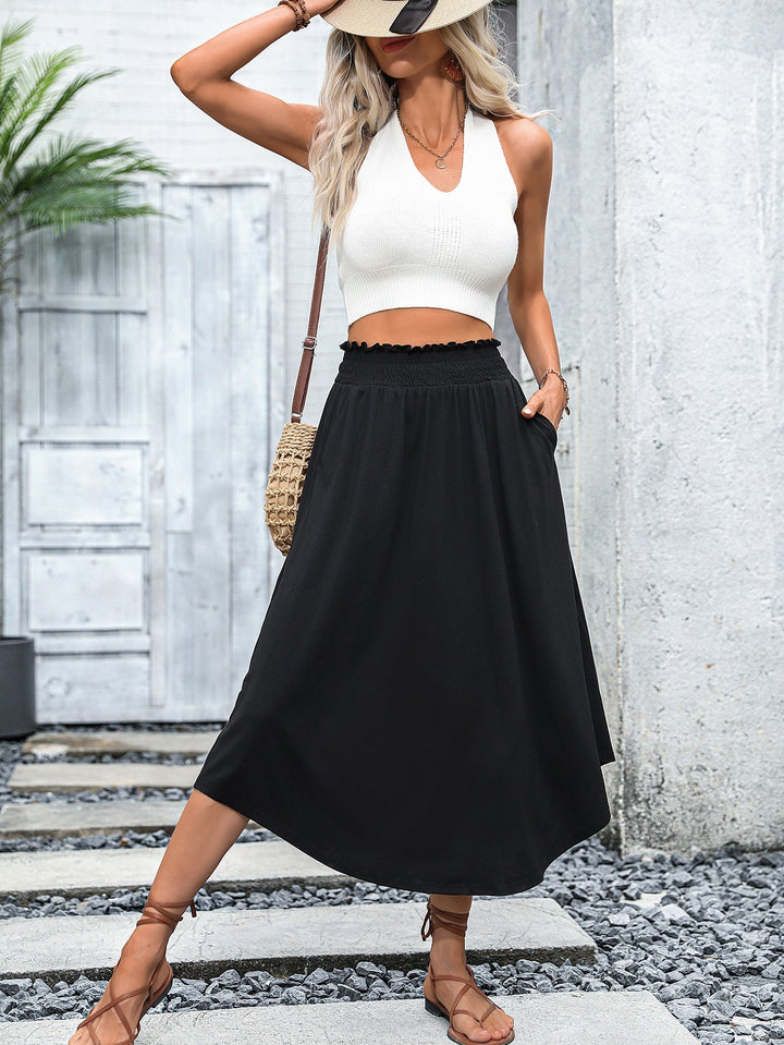 Abdine Smocked Waist A-Line Midi Skirt