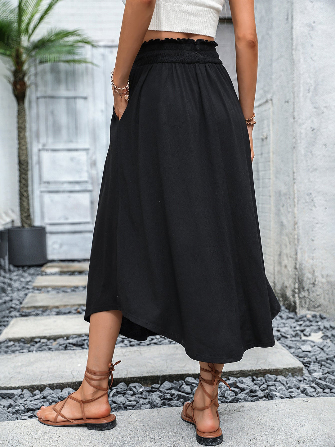 Abdine Smocked Waist A-Line Midi Skirt