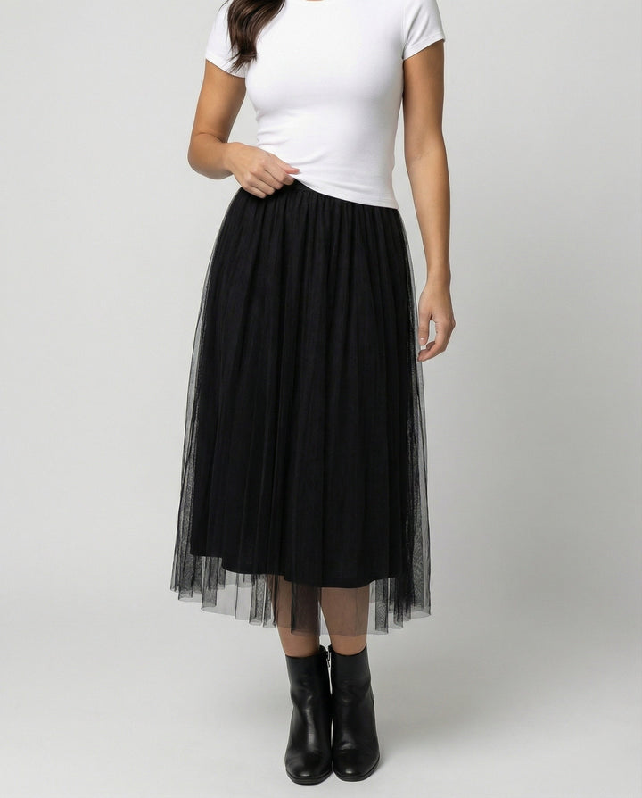Abiana Pleated Tulle Midi Skirt