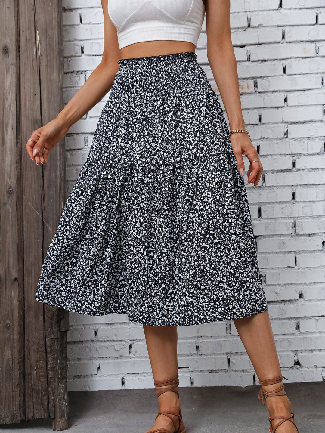 Abtha Floral Tiered Midi Skirt