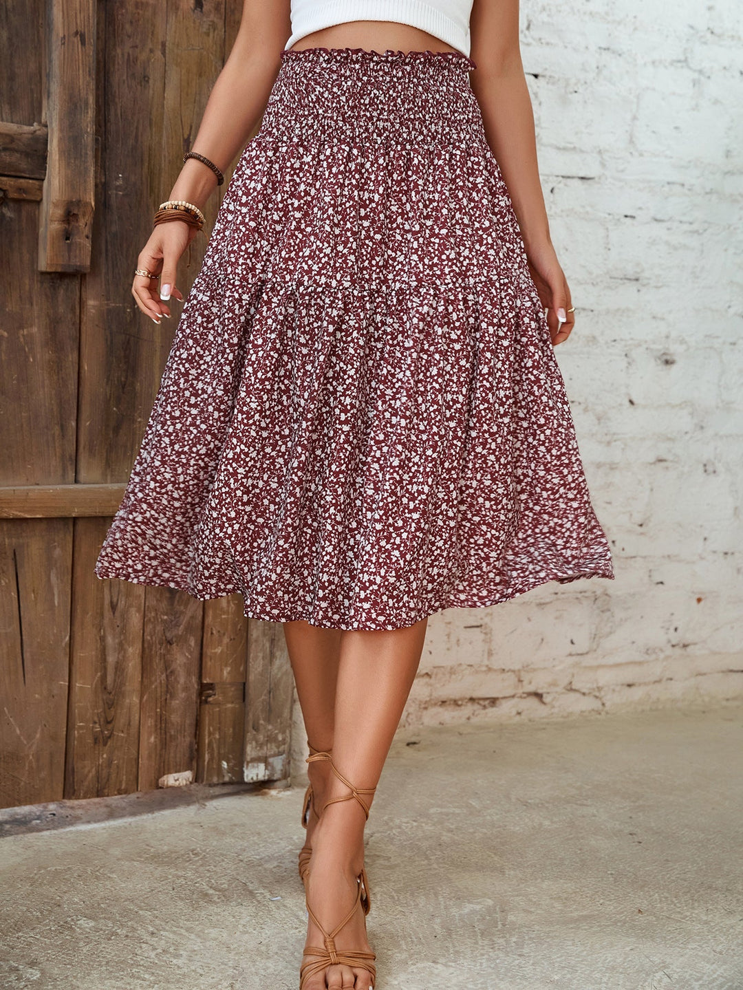 Abtha Floral Tiered Midi Skirt