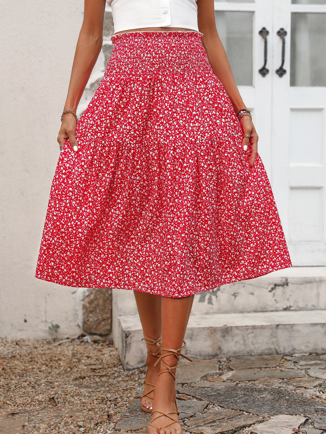 Abtha Floral Tiered Midi Skirt