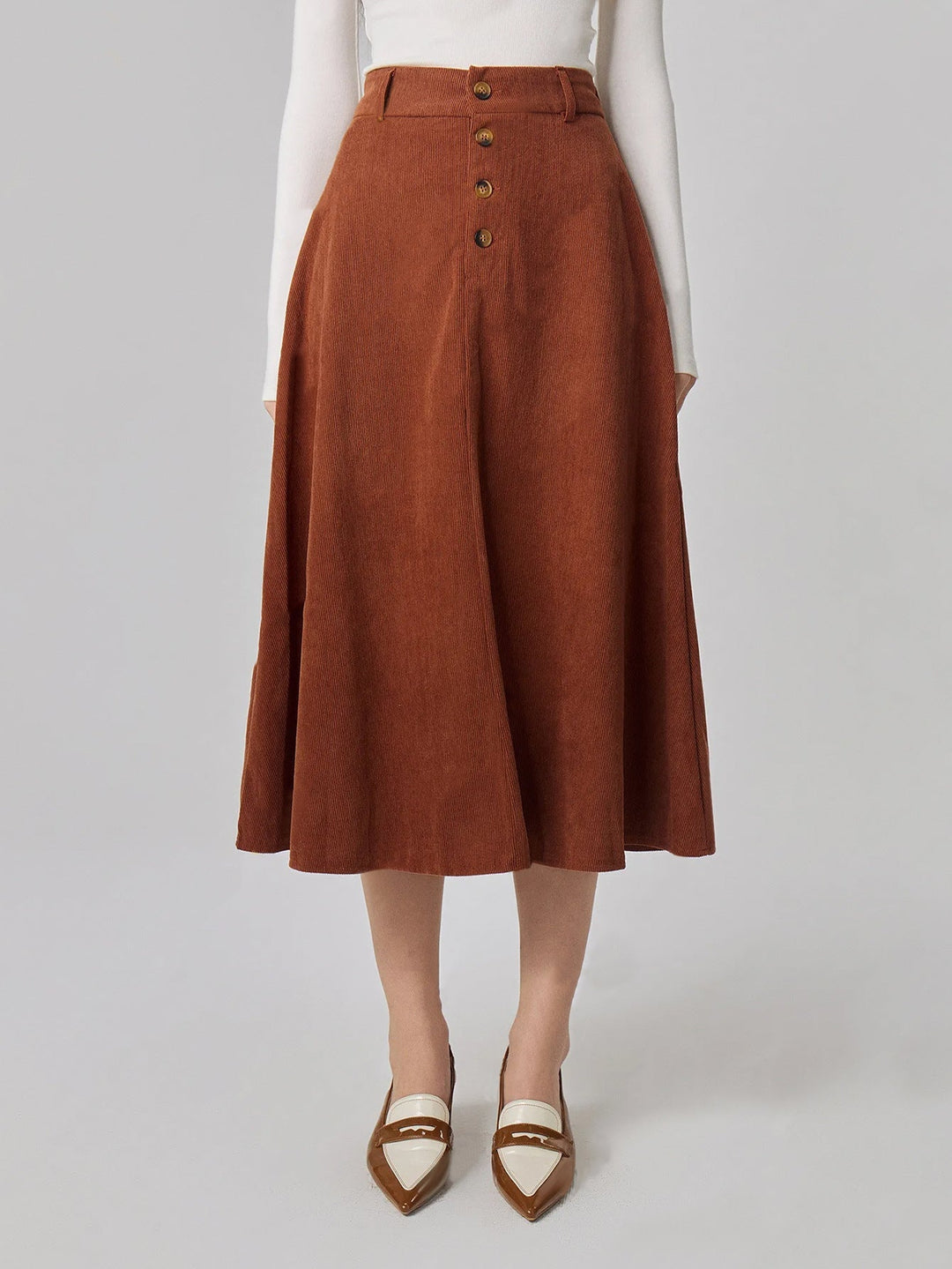 Abrina Button Front A-Line Midi Skirt
