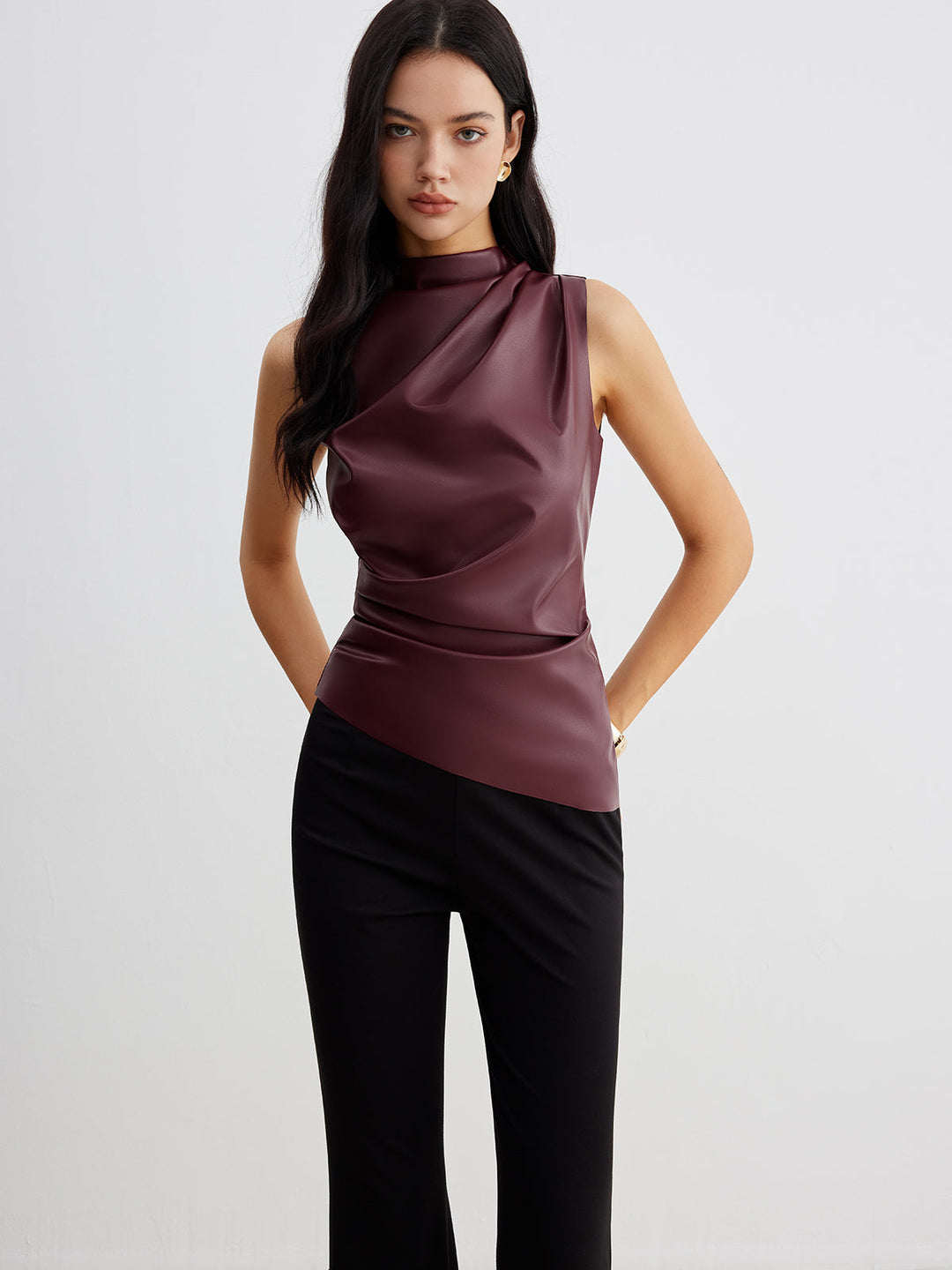 Serenity Ruched Faux Leather Sleeveless Top