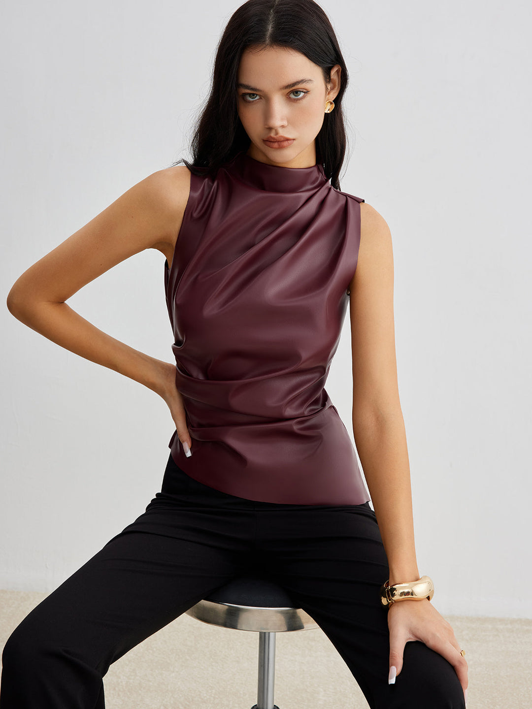 Serenity Ruched Faux Leather Sleeveless Top