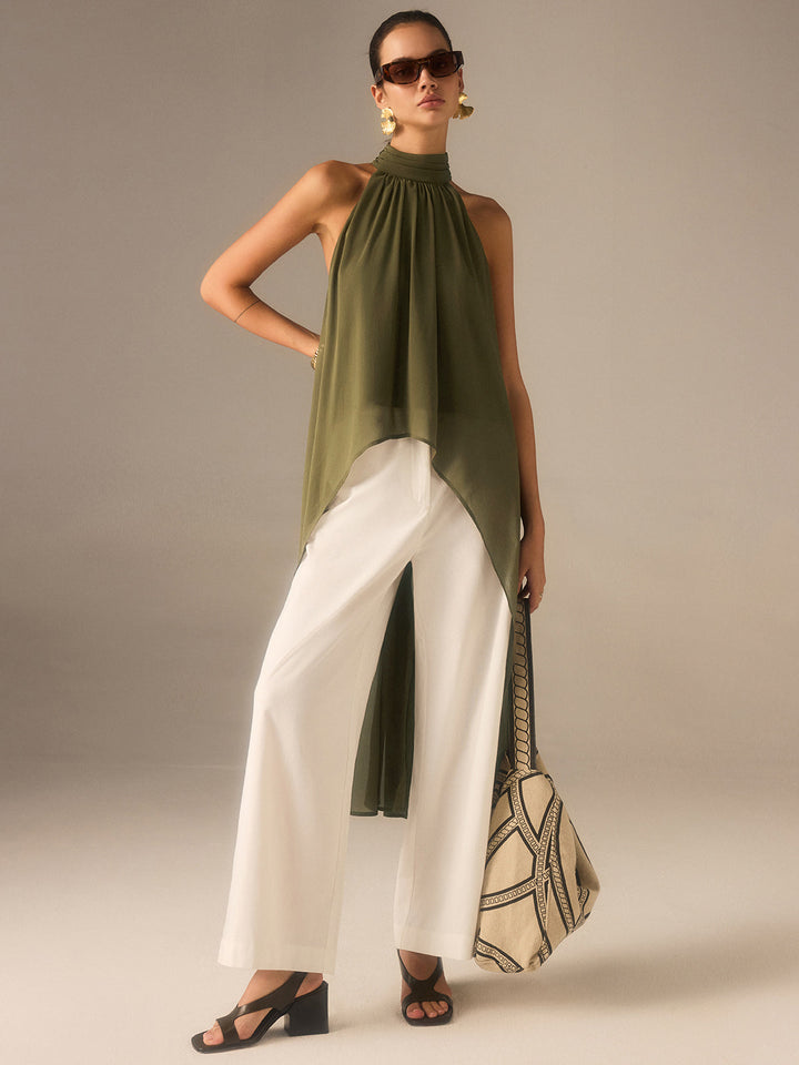 Serafina Sculpted Halter Chiffon Longline Top