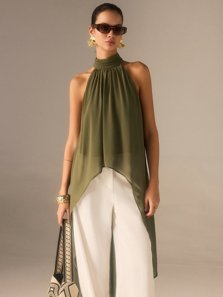 Serafina Sculpted Halter Chiffon Longline Top