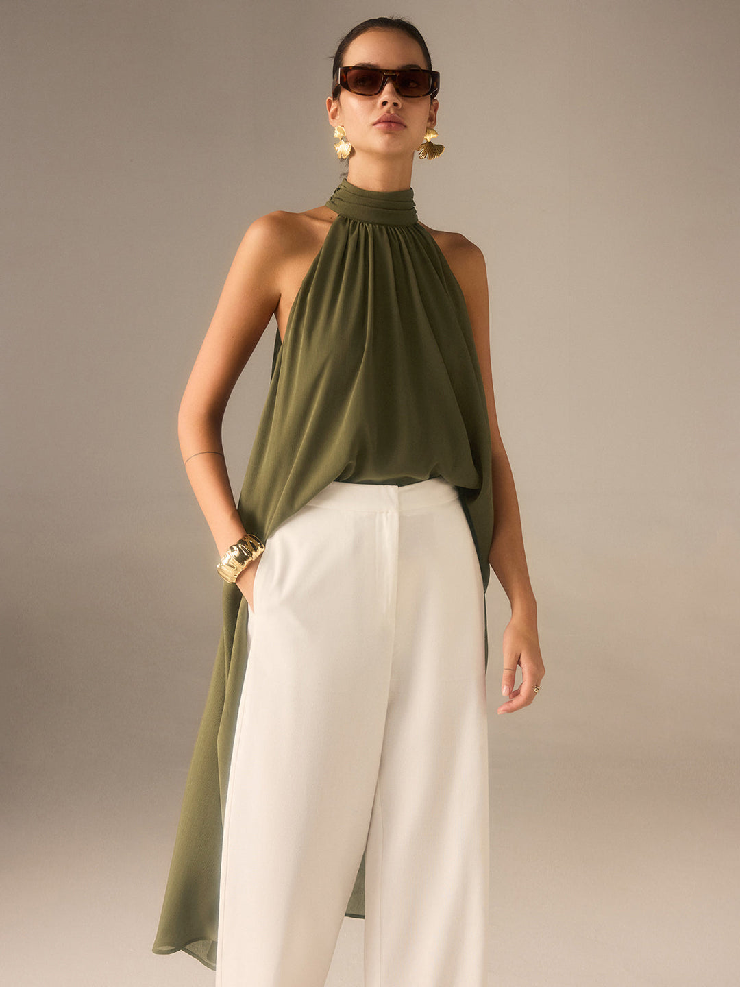 Serafina Sculpted Halter Chiffon Longline Top