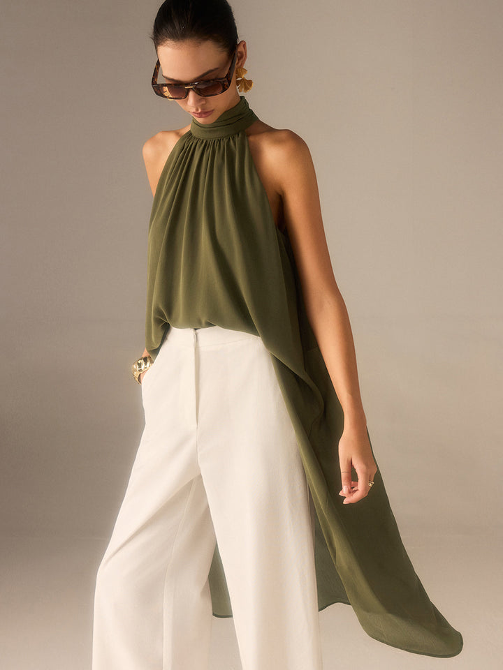 Serafina Sculpted Halter Chiffon Longline Top