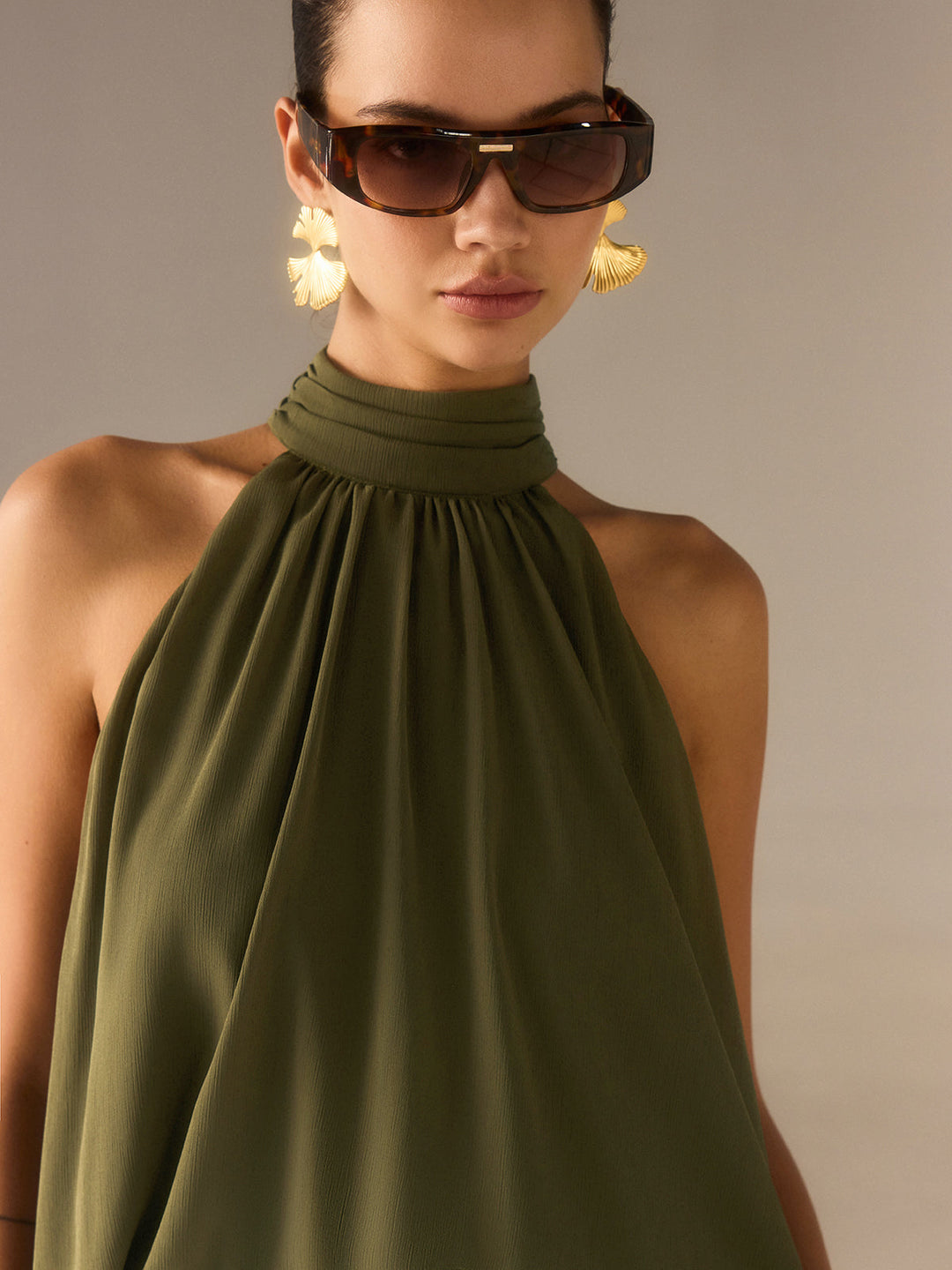 Serafina Sculpted Halter Chiffon Longline Top