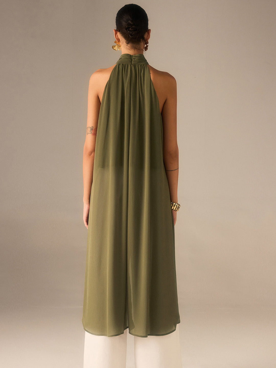 Serafina Sculpted Halter Chiffon Longline Top